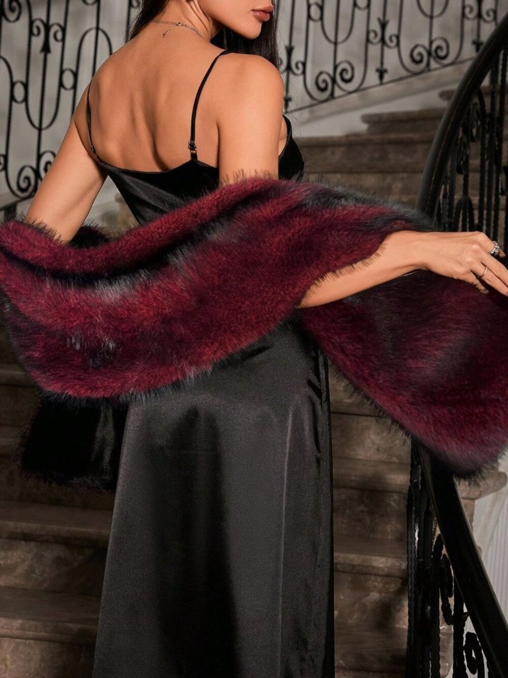 Burgundy Casual Women's Sexy Faux Fur Cape - Picture 2 of 6
